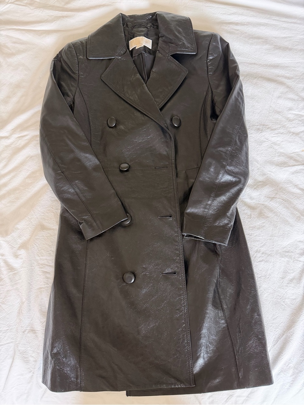 Michael Kors Black Faux Leather Double-Breasted Trench Coat
